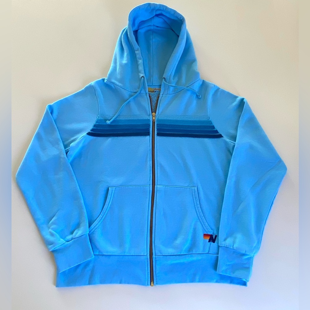 AVIATOR NATION 5-Stripe Hoodie in Sky Blue | Unisex Large 🌈
